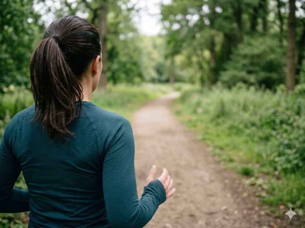 Seitenstechen beim Laufen: Ursachen, Soforthilfe & Prävention 1 Läuferin von hinten auf Parkweg mit aufrechter Haltung und bewusst kontrollierter Atemtechnik