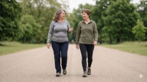 Zwei Frauen mittleren Alters beim gemeinsamen Spaziergang im Park – alltägliche Bewegung für die Gesundheit