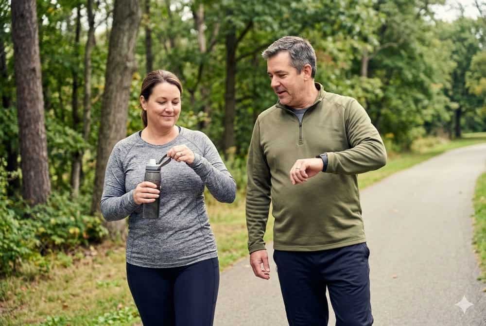 15 Minuten Bewegung täglich: Was mit Ihrer Gesundheit passiert 2 Mann und Frau mittleren Alters nach kurzem Outdoor-Training – alltäglicher Bewegungserfolg im Park