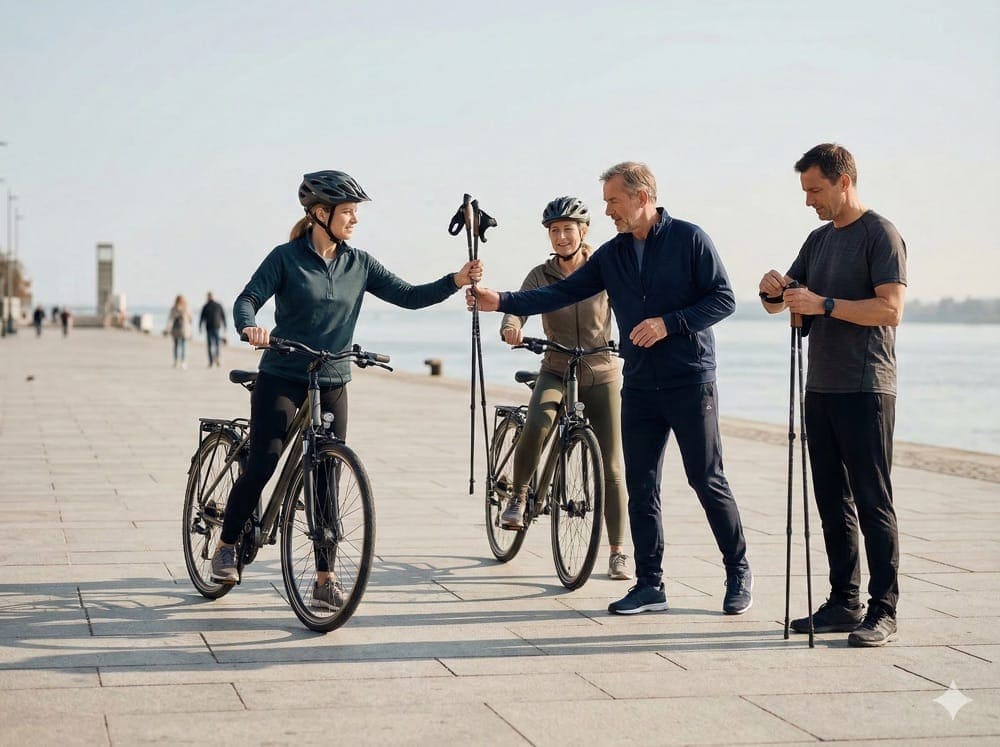 Bike and Walk Trainingseinheit: Gemeinsam trainieren trotz unterschiedlicher Fitness 1 Gruppe tauscht Nordic-Walking-Stöcke und Fahrrad bei Trainingseinheit auf Promenade