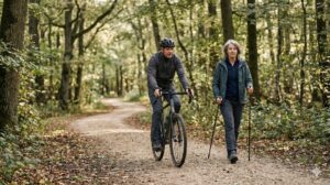Frau mit Nordic-Walking-Stöcken und Radfahrer auf Naturpfad gemeinsam trainieren