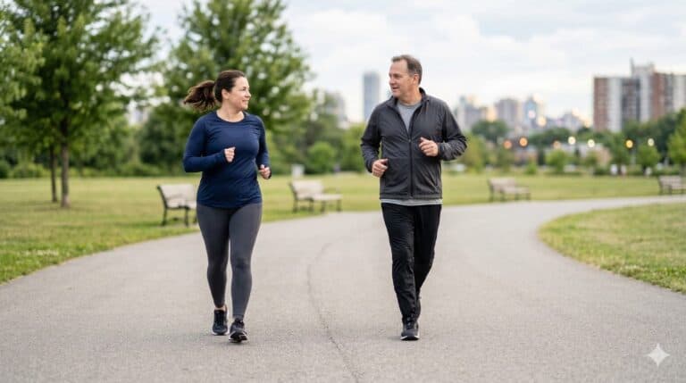 Nordicfit Blog 4 Zwei Erwachsene mittleren Alters beim lockeren Laufen auf Waldweg mit entspannten Gesichtsausdrücken