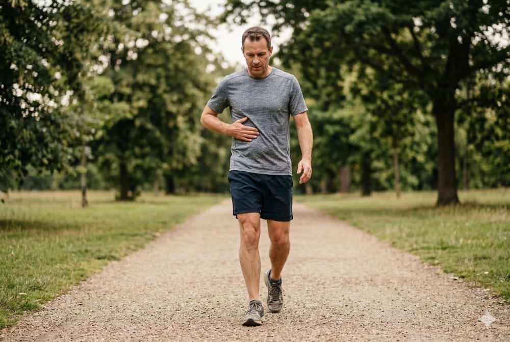 Seitenstechen beim Laufen: Ursachen, Soforthilfe & Prävention 2 Läufer mittleren Alters massiert bei Gehtempo sanft seine rechte Flanke als Soforthilfe gegen Seitenstechen