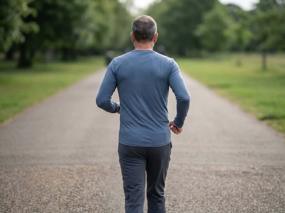 Laufen und Walking bei Migräne 1 Männlicher Läufer mittleren Alters von hinten beim entspannten Laufen auf Park-Weg bei natürlichem Licht
