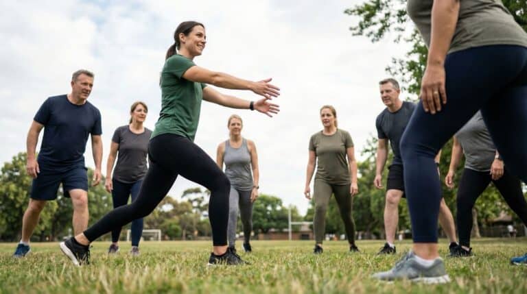 Nordicfit Blog 9 Fitness-Trainerin mit offener Körpersprache leitet fünf Teilnehmer bei Outdoor-Training im Park