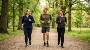 Drei Erwachsene mittleren Alters beim entspannten Laufen zusammen auf Park-Weg bei natürlichem Tageslicht