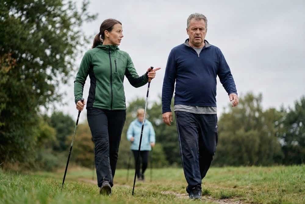 Nordic Walking Verletzungen 2 Nordic Walking Trainerin gibt individuelle Technik-Korrektur zur Verletzungsprävention im Outdoor-Training