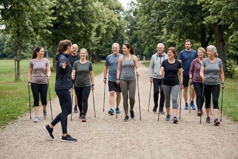 Gut organisierte Nordic Walking Trainingsgruppe mit neun Teilnehmern und Trainerin auf Parkweg