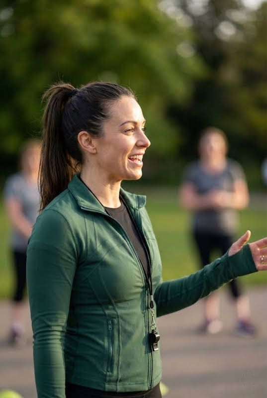 Begeisterte Trainerin demonstriert mit Leidenschaft Übungen bei Outdoor-Fitnesskurs