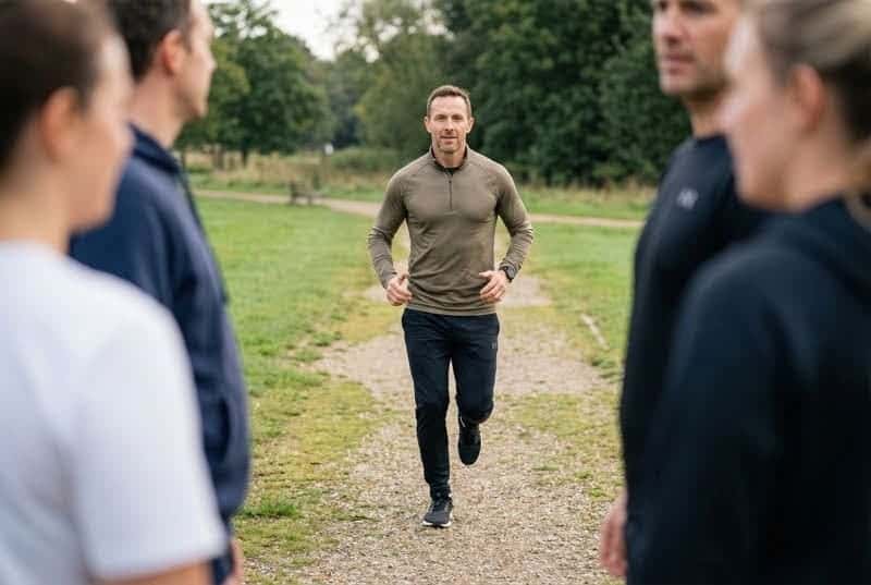 Teilnehmer-Perspektive auf Lauftrainer während Technik-Demonstration im Outdoor-Kur