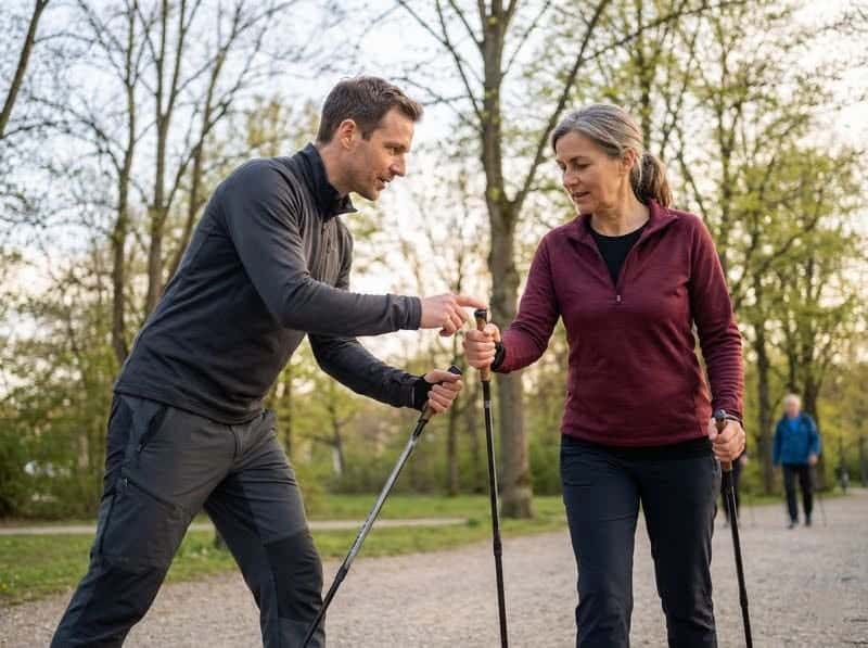 Trainer demonstriert Nordic Walking Technik bei individueller Betreuung einer Kursteilnehmerin