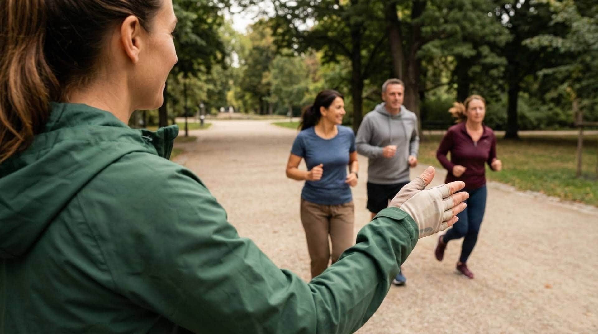 Trainerin beobachtet und leitet Teilnehmer bei Outdoor-Training auf Parkweg