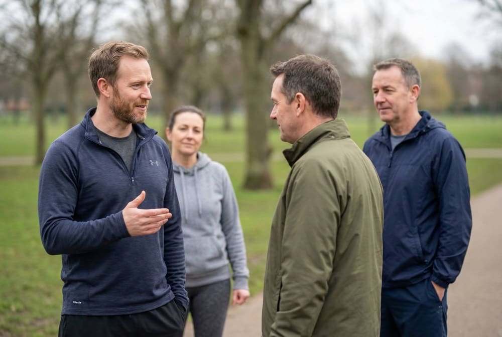 Körpersprache im Training: Warum Ihre Ausstrahlung als Trainer entscheidet 1 Trainer mit direktem Blickkontakt zu Teilnehmern während empathischer Trainingsanleitung im Outdoor-Setting