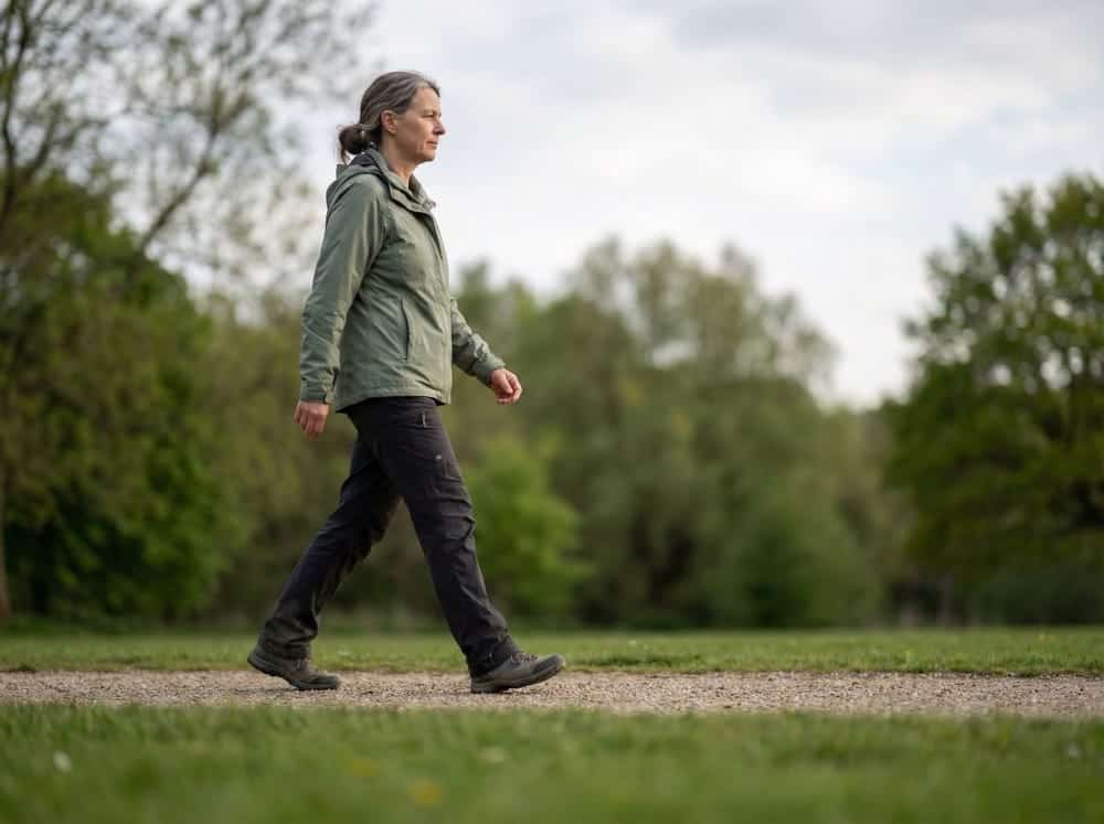Laufen und Walking bei Migräne 3 Frau mittleren Alters beim ruhigen Spaziergang allein auf Parkweg bei sanftem natürlichen Licht