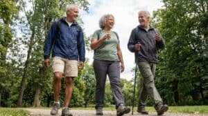 Drei aktive Erwachsene zwischen 60 und 70 Jahren beim energischen Spaziergang im Park mit natürlichem Sonnenlicht