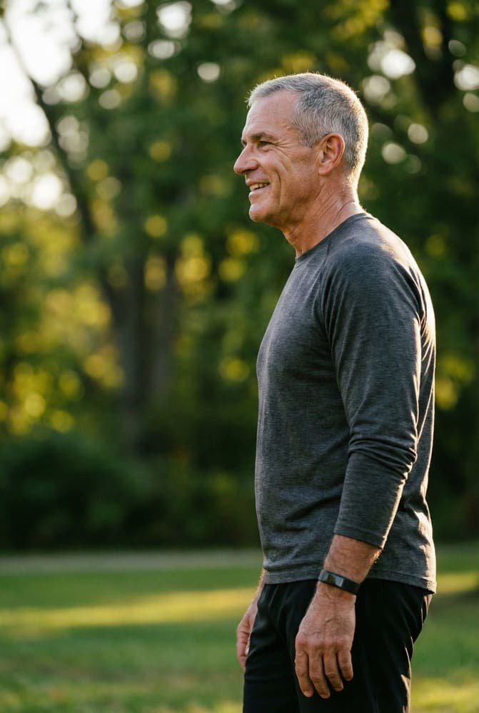 Bewegung im Alter: Warum regelmäßige Aktivität der Schlüssel zu Gesundheit und Lebensqualität ist 3 Aktiver 62-jähriger Mann im Profil nach Outdoor-Training zeigt Vitalität durch regelmäßige Bewegung