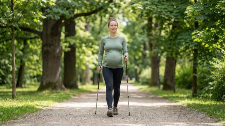 Nordicfit Blog 8 Schwangere Frau beim Nordic Walking auf Parkweg mit korrekter Stocktechnik bei natürlichem Tageslicht