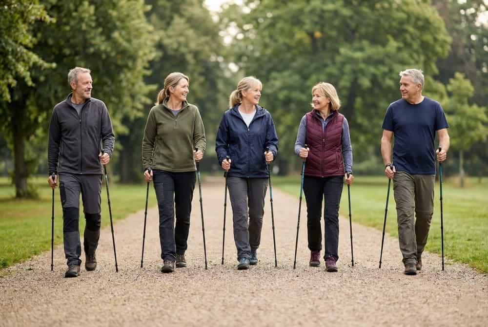 Bewegung im Alter: Warum regelmäßige Aktivität der Schlüssel zu Gesundheit und Lebensqualität ist 1 Fünf Erwachsene zwischen 50 und 65 Jahren beim Nordic Walking mit korrekter Technik auf Parkweg