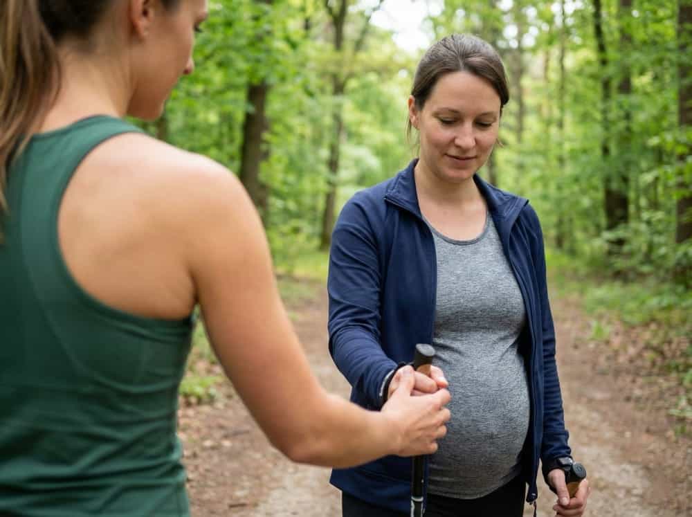 Sport in der Schwangerschaft: Was Sie über Nordic Walking und Laufen wissen müssen 1 Trainerin korrigiert Nordic Walking Stockhaltung bei schwangerer
Teilnehmerin auf Waldweg bei natürlichem Licht