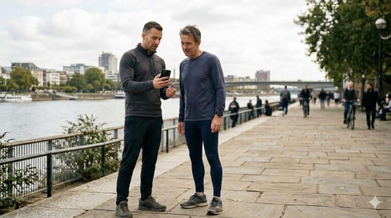 Nordicfit Blog 5 Lauftrainer zeigt Läufer Videoanalyse auf Smartphone an städtischer Flusspromenade