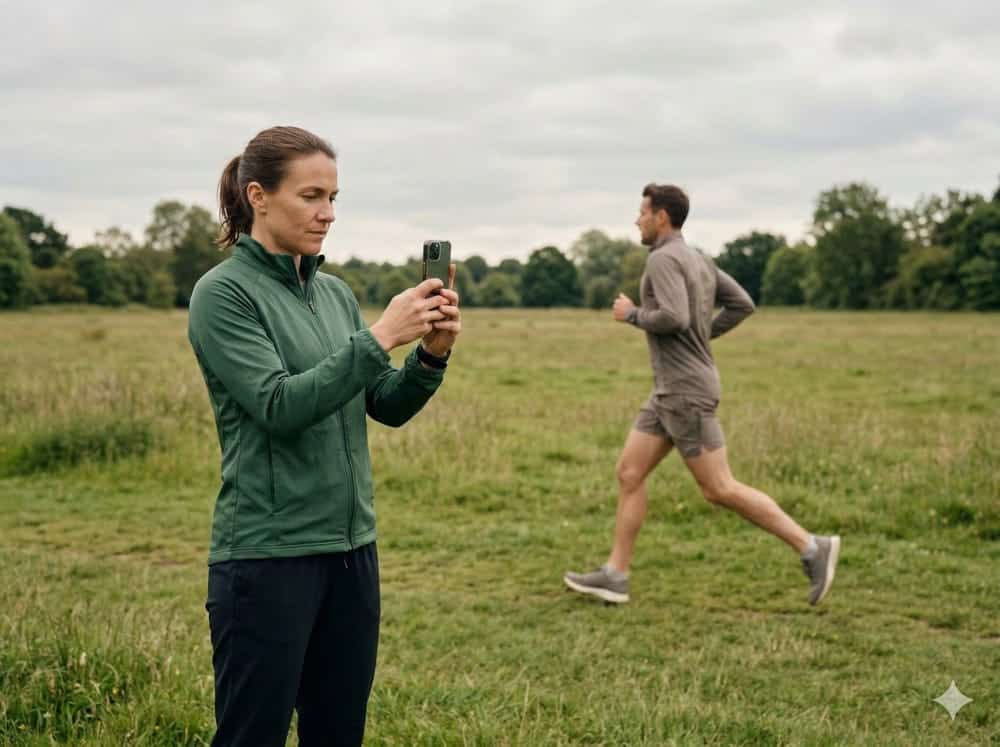 Lauf-Videoanalyse: Was Sie an diesem Beispiel als Trainer lernen können (2026) 1 Lauftrainerin filmt Läufer mit Smartphone von der Seite auf offenem Rasenplatz