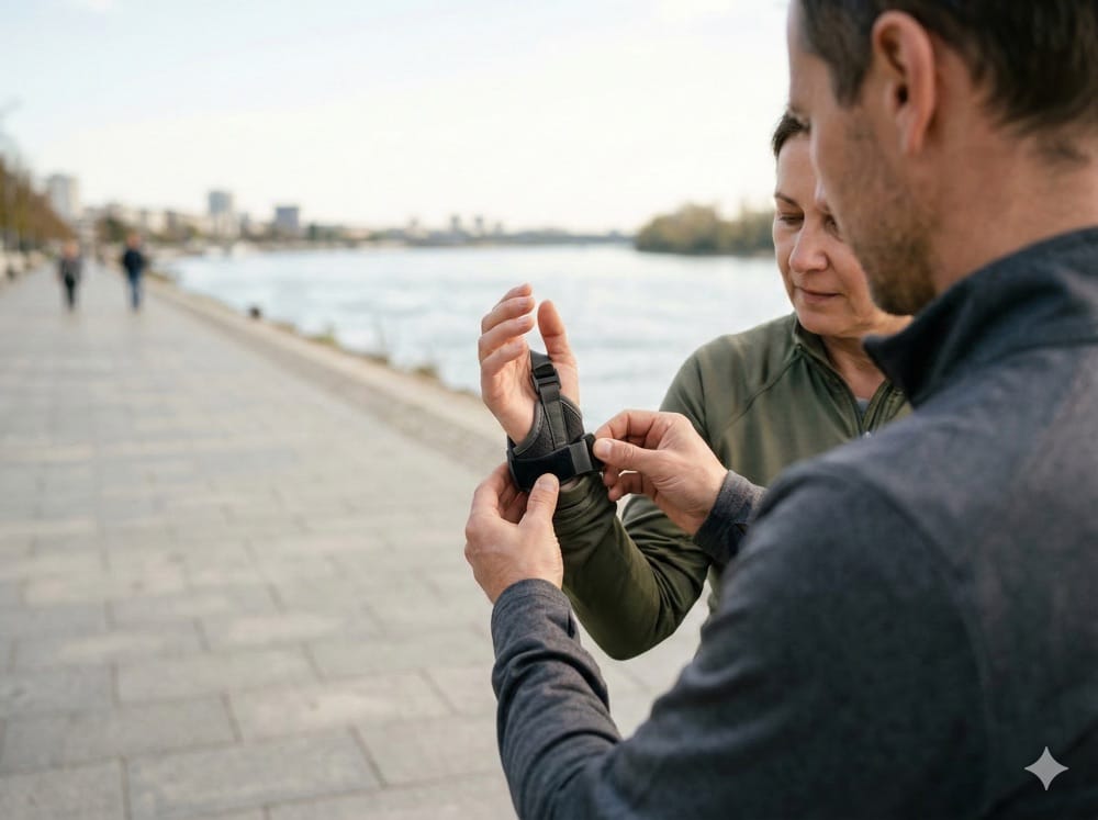 Nordic Walking Stöcke kaufen 2026: Der praktische Ratgeber 2 Trainer zeigt Kursteilnehmerin das Einstellen der Nordic Walking Handschlaufe, Uferpromenade