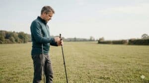 Mann stellt Teleskop-Nordic-Walking-Stock auf offener Parkwiese vor dem Training ein
