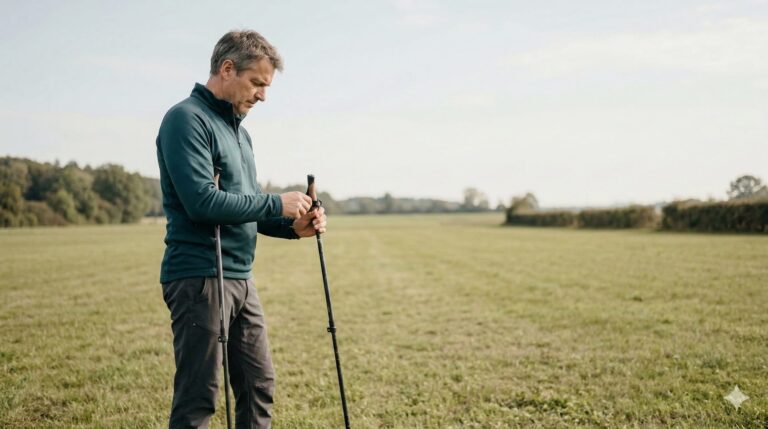 Home 22 Mann stellt Teleskop-Nordic-Walking-Stock auf offener Parkwiese vor dem Training ein