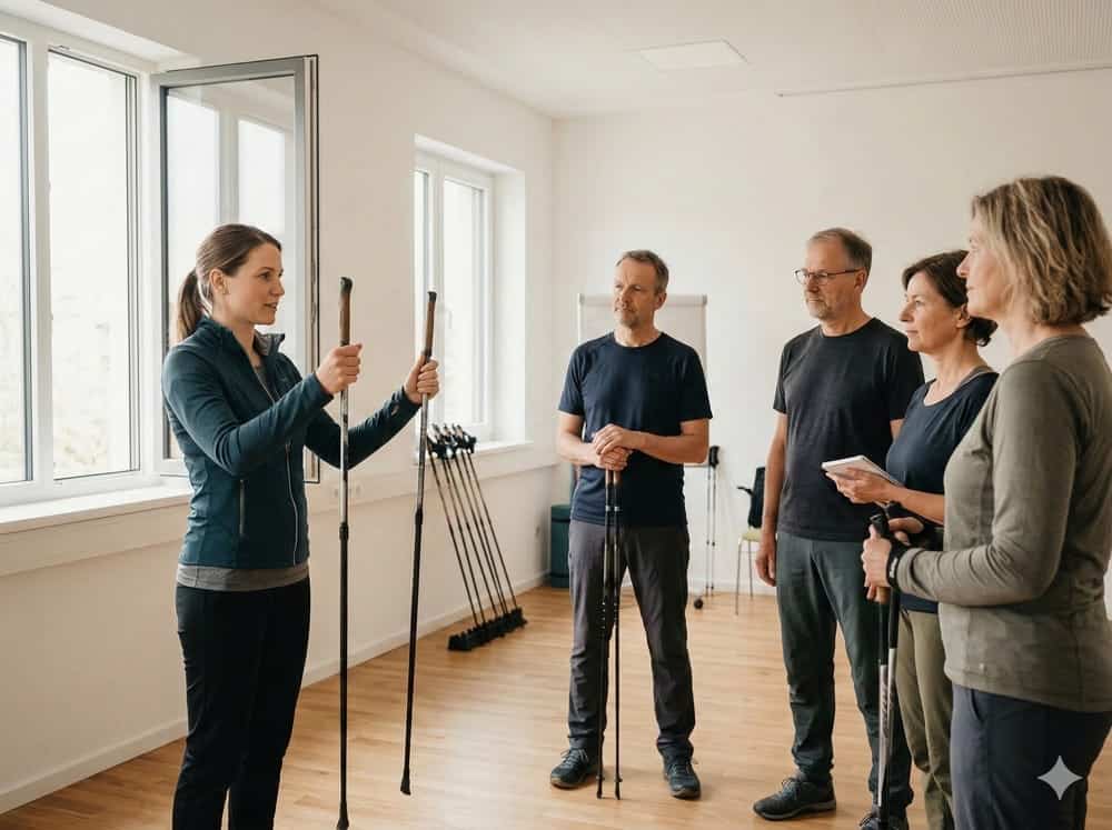 Nordic Walking Stöcke kaufen 2026: Der praktische Ratgeber 1 Nordic Walking Trainerin erklärt Kursgruppe Stockauswahl im hellen Seminarraum