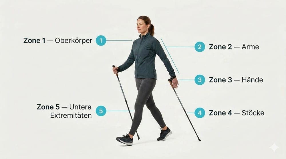 Die Nordic Walking Technik 1 Infografik: Die fünf Zonen der Nordic Walking Technik mit beschrifteter Figur
