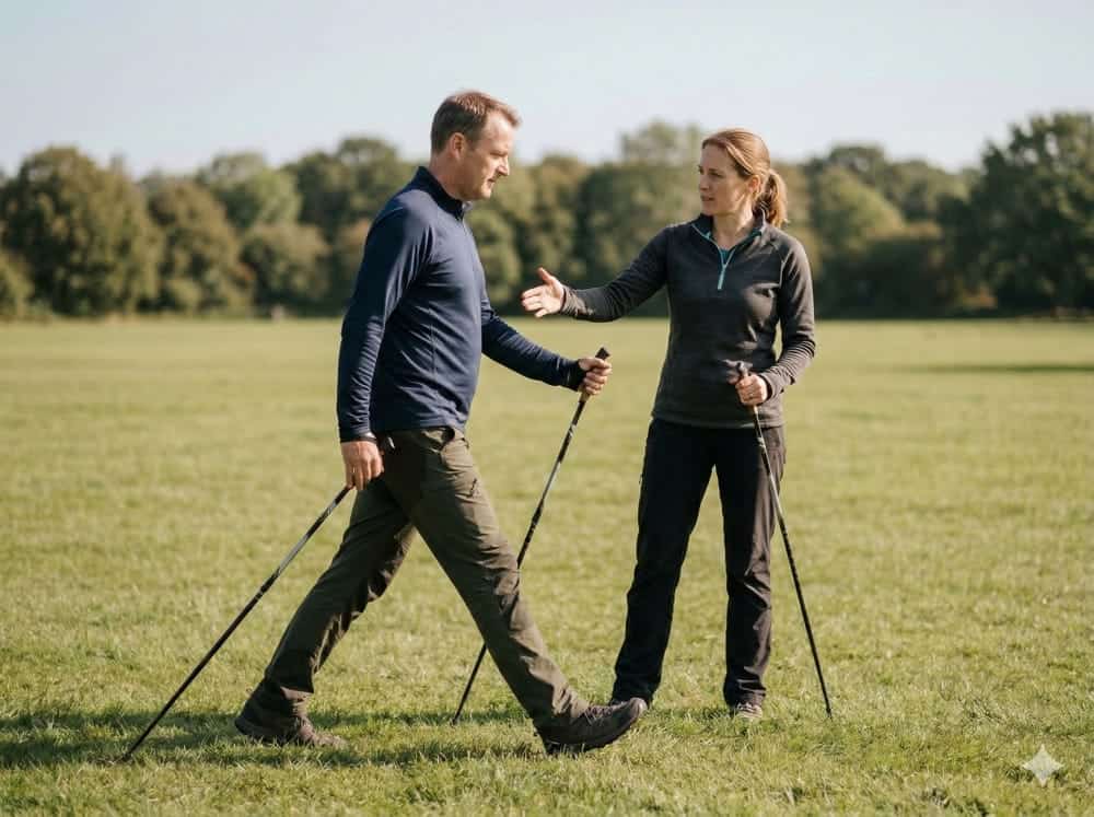 Die Nordic Walking Technik 2 Trainerin erklärt Kreuzkoordination beim Nordic Walking auf einer Wiese