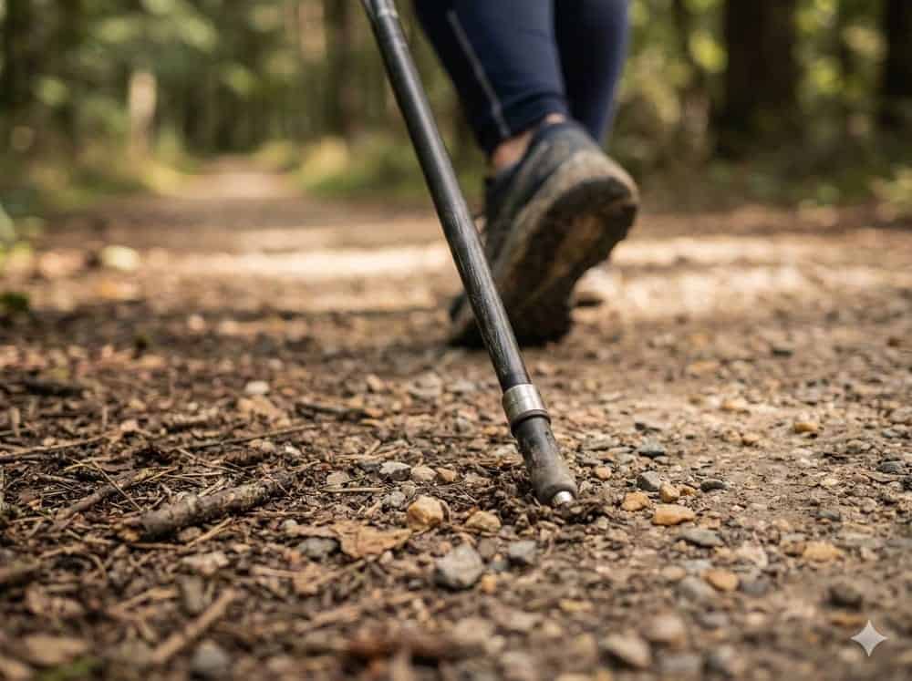 Die Nordic Walking Technik 3 Nahaufnahme des korrekten Stockaufsatzes beim Nordic Walking auf Waldweg
