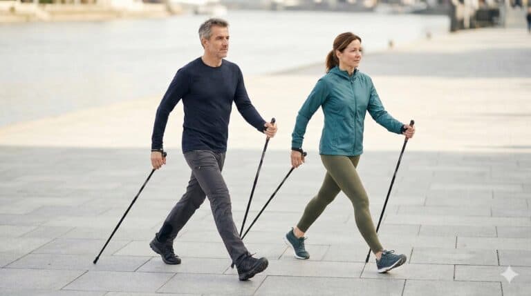 Home 21 Mann und Frau beim Nordic Walking mit korrekter Technik auf einer Uferpromenade