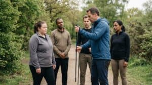 Erwachsene mittleren Alters beim Nordic Walking im Park mit korrekter Stocklänge und Technik