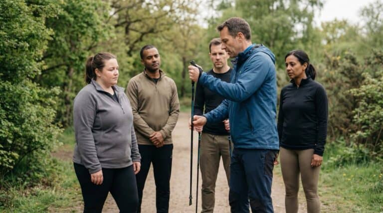 Erwachsene mittleren Alters beim Nordic Walking im Park mit korrekter Stocklänge und Technik