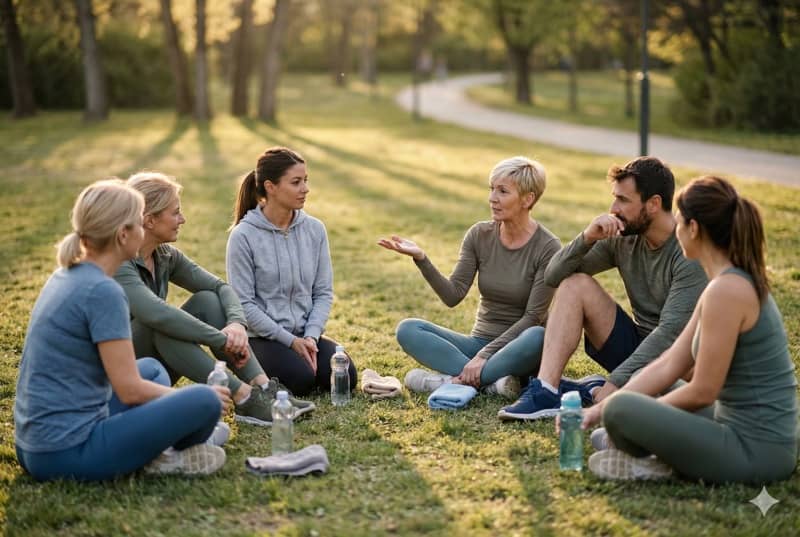 5-Finger-Feedback-Methode für Trainer: Die praktische Anleitung 2 Diverse Trainingsgruppe sitzt im Kreis auf Parkwiese und führt offene Feedback-Diskussion nach gemeinsamer Fitnesseinheit
