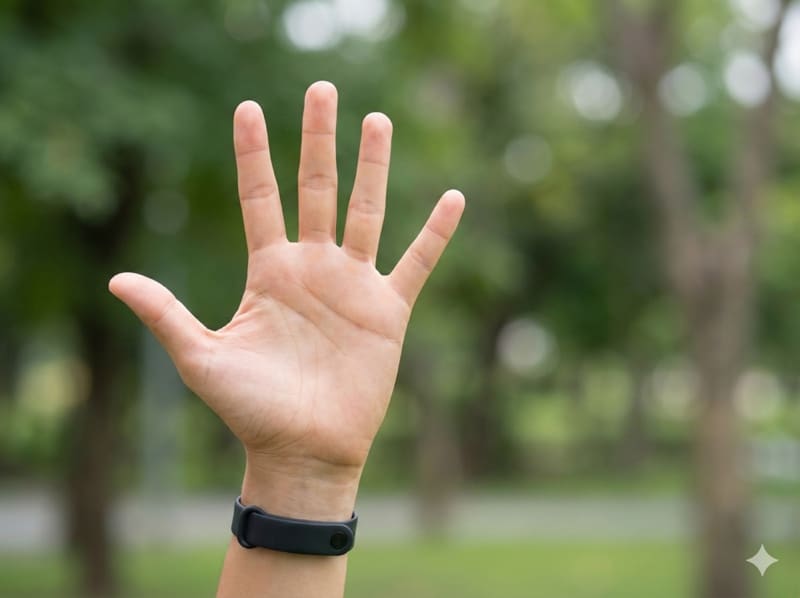 5-Finger-Feedback-Methode für Trainer: Die praktische Anleitung 1 Geöffnete Hand mit fünf gespreizten Fingern zeigt 5-Finger-Feedback-Methode als didaktisches Tool vor unscharfem Outdoor-Hintergrund