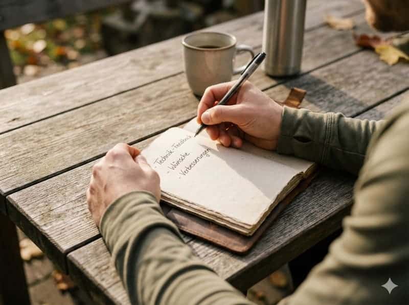 5-Finger-Feedback-Methode für Trainer: Die praktische Anleitung 3 Fitnesstrainer notiert Teilnehmer-Feedback handschriftlich in Trainingsjournal auf Holztisch nach Outdoor-Einheit