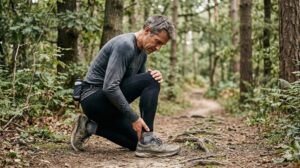 Läufer mittleren Alters pausiert auf Waldweg und prüft Achillessehne mit fokussiertem Ausdruck
