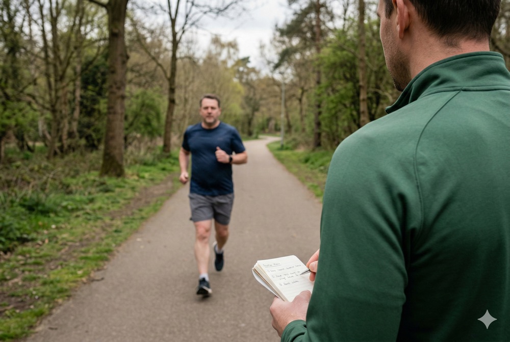 Achillodynie beim Laufen: Ursachen, Symptome und Behandlung 2 Lauftrainer beobachtet Lauftechnik eines Läufers auf Parkweg zur Bewegungsanalyse und Verletzungsprävention